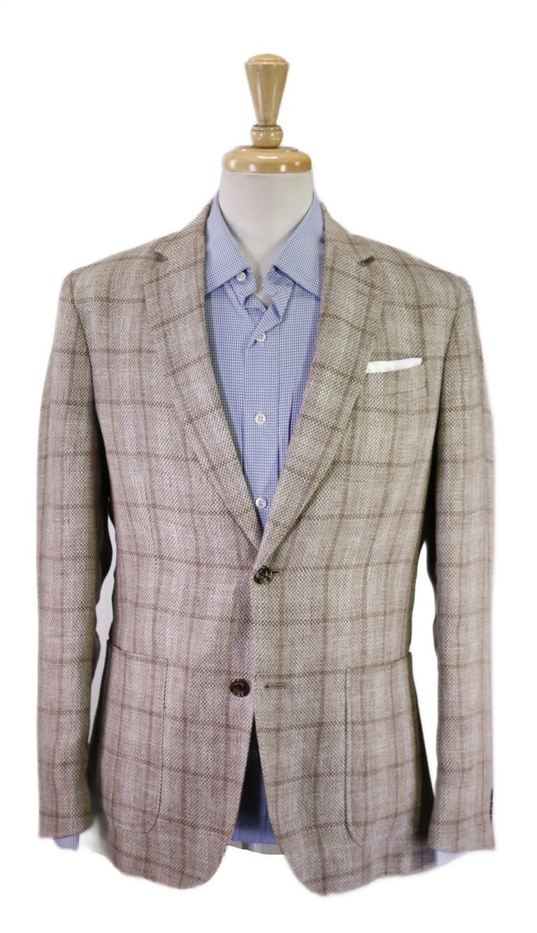 Tasso Elba Brown Windowpane Woven 100% Linen Patch Pocket 2Btn Blazer Jacket 38R